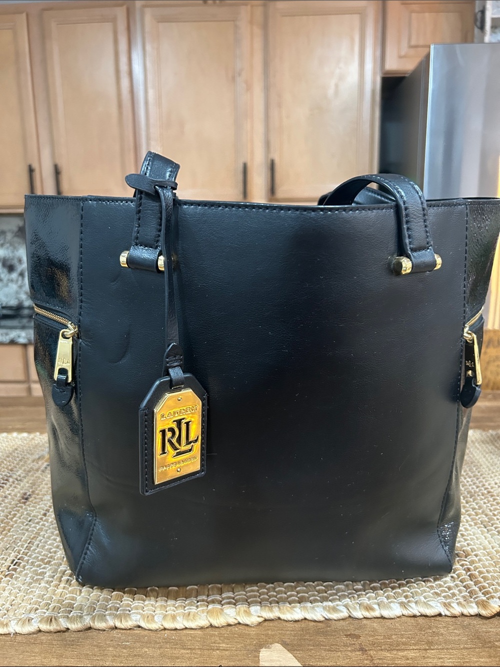 Ralph Lauren Black Leather Tote with Gold Accent Tag